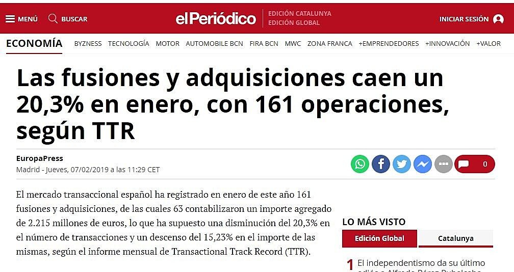 Las fusiones y adquisiciones caen un 20,3% en enero, con 161 operaciones, segn TTR